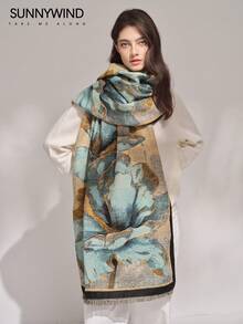 1条水墨画图案涤纶优雅高端时尚保暖围巾，适合秋冬季日常佩戴 - 彩色 - 查看 3