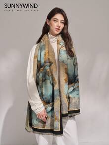 1条水墨画图案涤纶优雅高端时尚保暖围巾，适合秋冬季日常佩戴 - 彩色 - 查看 4