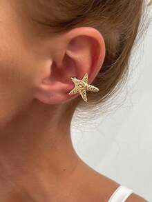 1 件复古简约时尚海洋元素金属金色海星、贝壳、太阳、月亮、花朵装饰夹式耳环，仿穿孔珠宝配饰，适合女士 - 金黃色 - 查看 5