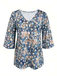 T-shirt z nadrukiem kwiatowym i dekoltem w serek, 3/4 rękawa, casualowy T-shirt wakacyjny, odzież damska