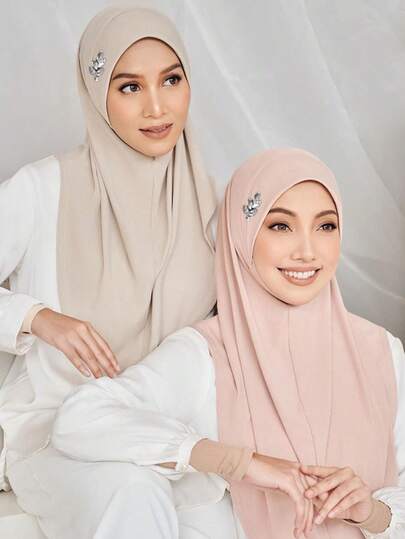 1件装即戴式头巾，饰有叶形水晶，时尚纯色水钻，方便日常佩戴，穆斯林头巾，适合搭配连衣裙