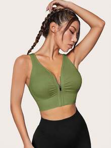 1pc Zipper Front Wireless Sports Bra For Running, Cycling, Yoga, Daily Wear - Green - View 5