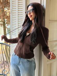 Sunny Girly Christmas Fall Winter Clothes For Women Back To School Y2K Casual Street Commuter Solid Color Zippered Side Pocket Design Hooded Brown Sweater Cardigan Coat