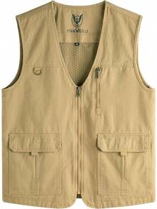 Men's Casual Outdoor Cotton Vest Lightweight Breathable Multi-Pocket Fishing Travel Vests OutwearChristmas IQWV - 04-卡其色 - 查看 3