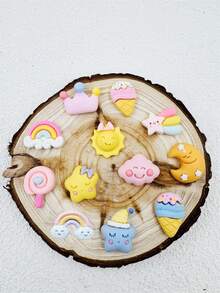 12pcs Cartoon Resin Cute DIY Decor, Moon Star Rabbit Rainbow Lollipop Pattern, Detachable, Suitable For Slippers, Sandals, Whimsical Design, Creative Party Gift - Multicolor - View 4