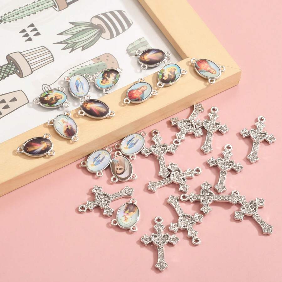 20 Stücke klassische gemischte 3-Loch Portrait Anhänger + 10 Stücke Kreuz Anhänger mit Strass, geeignet für DIY Halsketten, Armbänder usw.