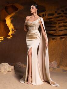 Faeriesty Vestido formal de fiesta con cuello asimétrico, drapeado lateral y bajo de cola de sirena