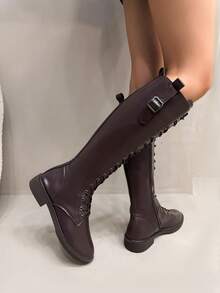 2025 Botas Femininas Cano Alto de Salto Baixo com Bico Redondo, Última de Outono/Inverno, Com Cadarço e Zíper Interno, Casual, Confortável, Moda Versátil e Sexy, Adequado para Bailes, Festas, Festivais de Música, Etc.