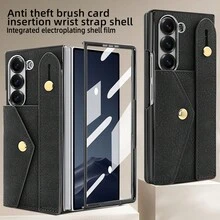 VIETAO Wristband Strap Holder Card Slot Electroplated Material Faux Leather Phone Case Compatible With Samsung Galaxy Z Fold 4 5 6 7 Phone Holder Stand Cover