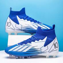 男士足球鞋，女士足球鞋，适用于人造草坪、室内外硬地，高帮尖头设计，适合年轻职业球员训练，专业运动AG/FG钉鞋 - 藍白色 - 查看 3