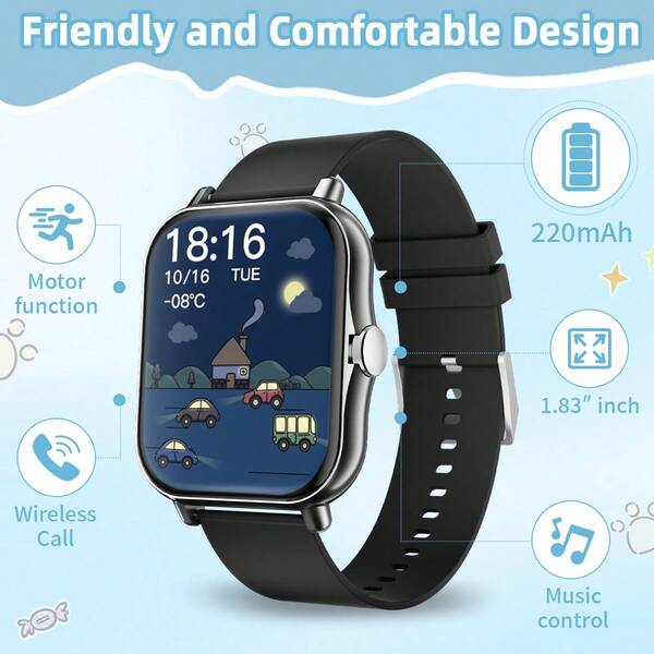 2025 NEU 220mAh Akku Kinder Smartwatch für Kinder & Jugendliche, 1,83 Zoll HD Vollbildschirm, Handy Wählen/Empfangen, Schrittzähler, Kalorienverbrauch, Mehrfach-Sportmodi, Nachrichten- und Anrufbenachrichtigung, Multifunktions-Smartwatch, Sportuhr kompatibel mit Android/iOS, Geschenk zu Feiertagen und Geburtstagen