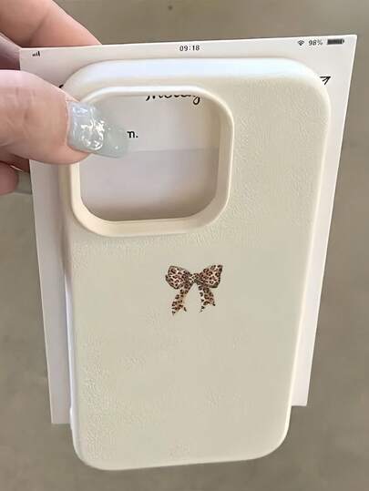 1pc White Matte Textured Leopard Print Bowknot Design Phone Case, Minimalist Style, Compatible With Iphone 16 Pro Max, 15, 14 Plus, 13, 12, 11