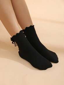 1 Pair Women Black Ruffle-Trim Striped Bow Design Comfortable Socks, Cute & Versatile For Daily Wear - Black - View 2