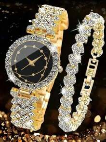 2pcs Women's Fashionable And Casual Quartz Watch, Round Luxury Full Diamond Watch, Paired With Diamond Studded Bracelet Jewelry Combination Set, Suitable For Daily Wear, Festivals And Parties, The Best Gift For Women.