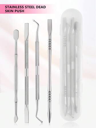 4件套去茧器和切割器，双头不锈钢去茧器，指甲凝胶去除器，美甲修脚工具 - 专业 - 盒装