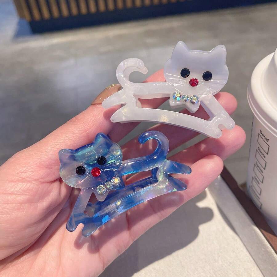 Pinza de pelo de acetato con garra de gato de dibujos animados y cristales, accesorio de pelo dulce para niñas