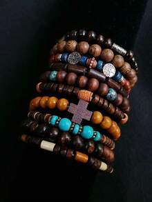 10pcs/Set  Punk Retro Life Tree Wooden Bead Alloy Charm Men Women Handmade Beaded Bracelet, Casual Wear