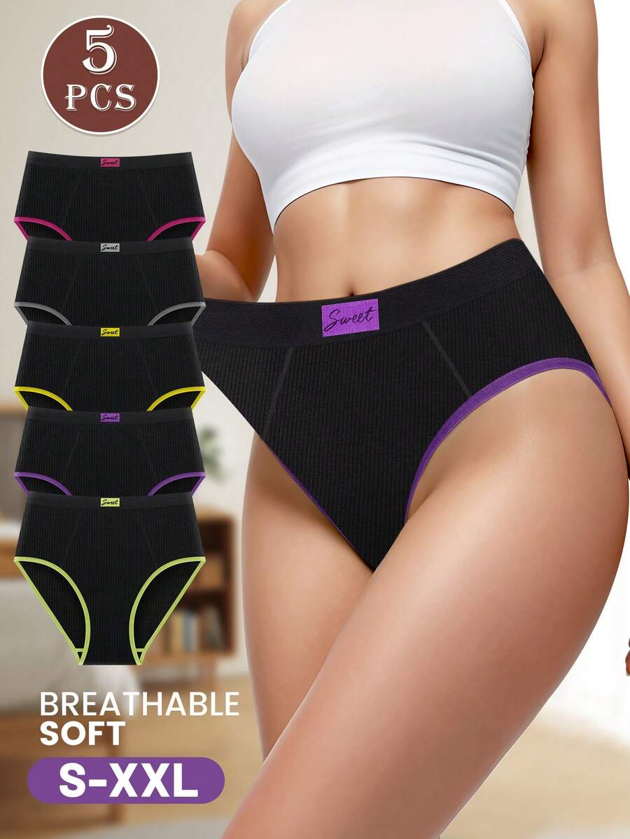 5pcs Women's High Waist Underwear Multicolor Comfortable Triangle Panties Set - 彩色 - 查看 1