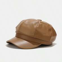 1 Simple Solid Color Imitation Leather Octagonal Hat For Men And Women, Fashionable And Versatile Retro News Hat - Đỏ - Xem 2