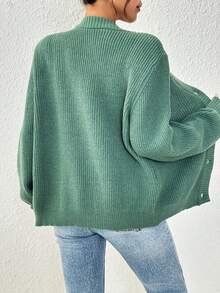 1 pieza Cárdigan de punto acanalado con cuello en V, mangas farol y botones delanteros para mujer de talla grande, chaqueta casual y versátil, adecuada para otoño e invierno