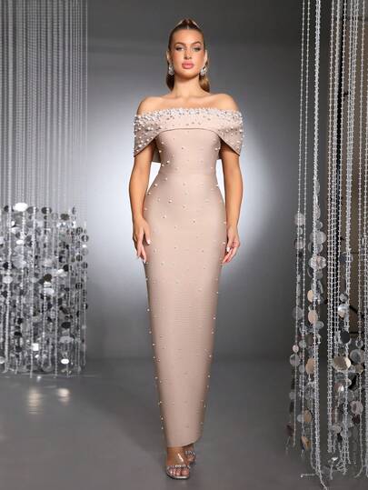 New Elegant Pearl Rhinestone Embellished Off Shoulder Backless Sleeveless Bodycon Maxi Bandage Dress, Formal Evening Gown For Women, Suitable For Formal Occasions, Birthday Party, Prom, Easter