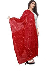 Woman's Embroidered Chiffon Dupatta Scarf Shawl Wrap Soft Bridal Wedding - Red - View 2
