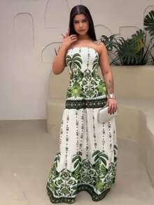 Look Of Millions!!! Long Strapless Dress With Floral Print - Verde - Ver 2