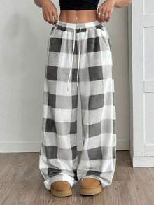 Pantalones anchos de lana con bolsillo y lazo delantero, inspirados en el estilo callejero vintage y casual para mujer, forrados térmicamente, para otoño/invierno