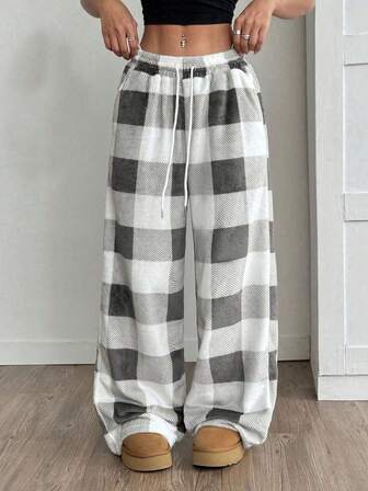 女士秋季街头风复古学院休闲系带格子口袋保暖阔腿长裤，秋冬服装