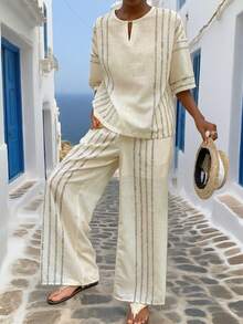 Women's Two Pieces Set, Casual And Elegant Vertical Striped Round Neck T-Shirt With Short Sleeves And Pants, Bohemian Style Linen Fabric Back To School Clothing, Perfect For Casual Clothing Sets, Fashionable Tops&Pants 