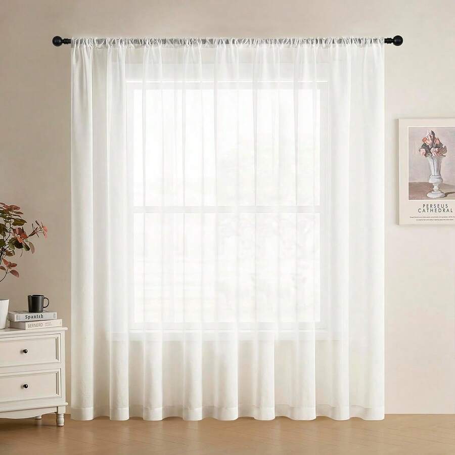1 Piece White Light-Filtering Sheer Curtain, Rod Pocket Top, Polyester Diamond Yarn, Light, Smooth And Soft, Naturally Drapes, Wrinkle-Resistant, Scratch-Resistant, Suitable For All Seasons, Machine Washable, Modern Minimalist Home Decor, Ideal For Bedrooms, Living Rooms, Offices, Weddings, 90gsm