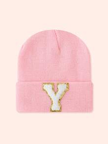 1pc Pink Children's Hat With 26 Letters, Knitted Beanie For Baby Boys And Girls, Warm For Outdoor And Daily Wear - Gold Label-pink Fluorescent Cap - View 90