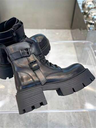 Ghete scurte pentru femei, stil business/de nuntă, din piele PU, cu vârful rotund și toc înalt, negre, cu șireturi, fermoar, cu toc pătrat și tijă scurtă, potrivite pentru casual, vacanță, nuntă