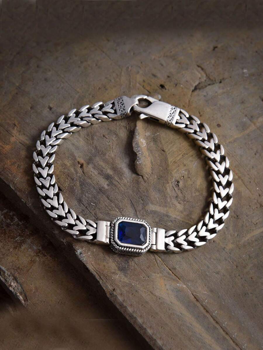 1pc Vintage Punk Style Handmade Heart Chain Blue Zirconia Stone Bracelet, Elegant Men's Accessory Gift