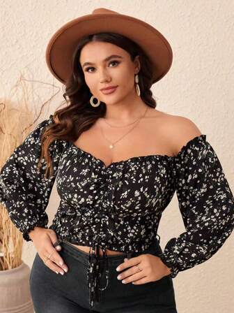 Allover Ditsy Floral Drawstring Ruffle Hem Dress, Suitable For Dates, Holidays, Vacations, And Everyday Wear