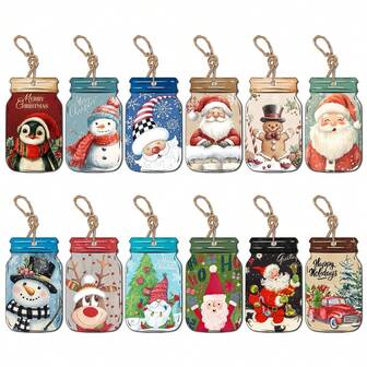 12 件圣诞纸质礼品标签带绳挂标，罐形圣诞老人、雪人、姜饼人、企鹅图案礼品标签，圣诞节室内外圣诞树挂饰