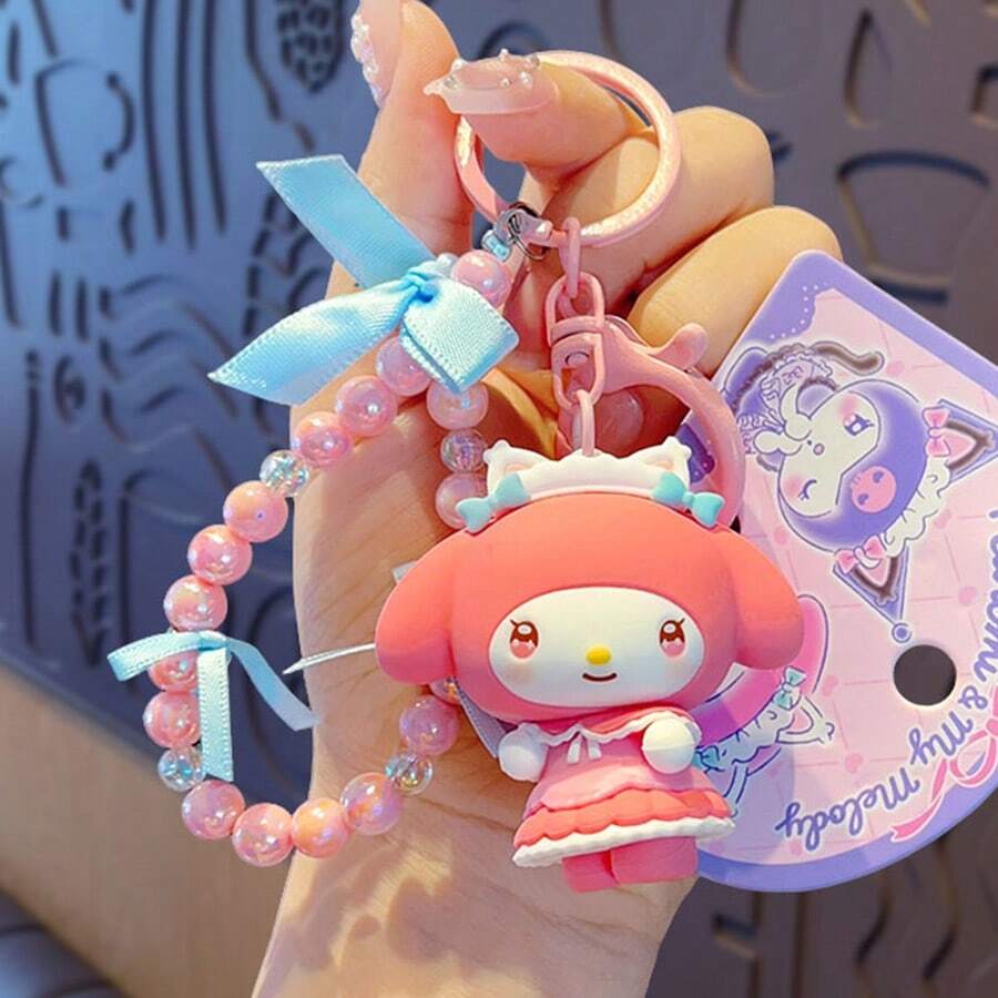 Miniso Cuerda de mano con hebilla de estilo Lolita de Sanrio My Melody Cat, figura de goma suave y exquisita con cadena de cuentas iridiscentes, adecuada como un dije para bolso o llavero, perfecta como regalo de cumpleaños (1 pieza)