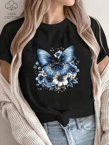 Camiseta Feminina Borboleta Blusa estampada de algodão Promoção - Preto - Visão 1