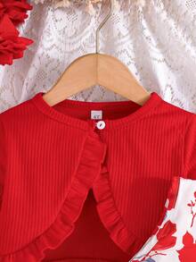 Girls Spring/Autumn New Fashion Ruffle Trim Jacket Paired With Cute Butterfly & Flower Print Sleeveless Dress 2 Pieces Set - Red - View 3