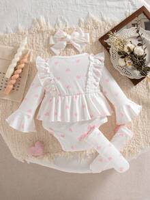 3pcs/Set Baby Girls' Cute Sweet Ruffle Shoulder, Peach Pink 3D Bow & Bow Socks & Headband Set, Autumn/Winter