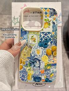 1件装 时尚夏季柠檬蓝莓花卉拼接荔枝纹理防摔防滑软手机壳保护套 兼容苹果和其他手机 - 彩色 - 查看 2