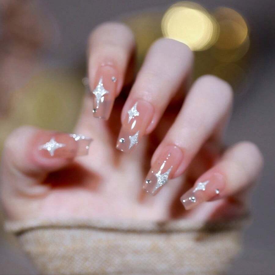 Glitter Star Heart Butterfly Design Nail Art Stickers, Self Adhesive Nail Art Decals For Nail Art Decoration, Nail Art Supplies For Women And Girls - 銀色 - 查看 1