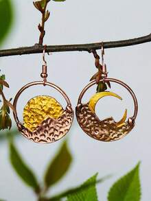 1 Paar Boho Vintage Cut Out Rund & Gebogene Mond Ohrringe - Braune Legierung Halbmond Design, leicht und bequem, für Alltag und Party, einzigartiges Geschenkidee, Boho Chic Accessoire, künstlerisches Accessoire, polierte Oberfläche