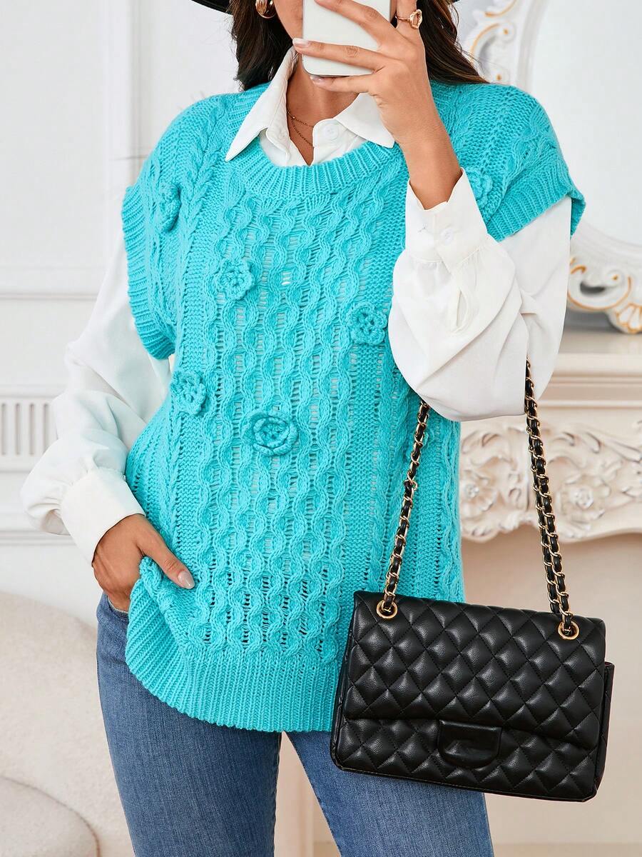 Elegant Women's Round Neck French Intricate Handmade Crochet Hollow-Out Sleeveless Knit Vest Top, Unique Design - Mint Blue - View 1