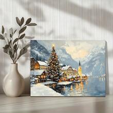 1pc Hallstatt Village Christmas Scene Canvas Print - Winter Scenery Wall Art, Waterproof, Suitable For Home Decor, Room Decor, Bedroom Decor, Living Room Decoration, Bathroom Decor, Wall Decor, Christmas Decorations For Home, Optional Wall Art With Frame