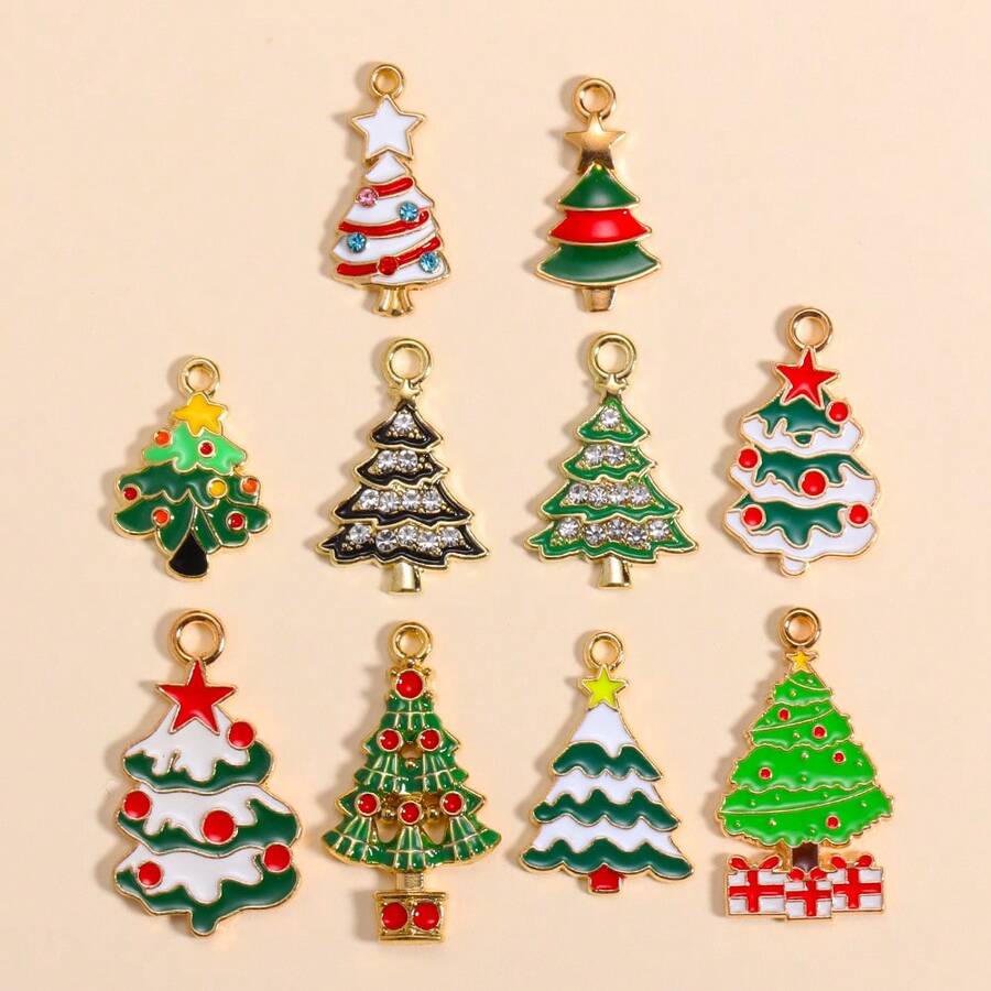 10 Pieces Of Mixed Cartoon Oil-Dripping Christmas Tree Pendants, DIY Jewelry Making And Decorative Pendants, Suitable For Making Earrings, Necklaces, Christmas Party Jewelry Gifts