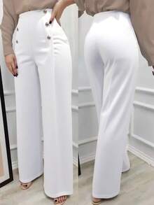 Pantalones rectos y de pierna ancha de estilo francés elegante con botones metálicos de doble botonadura y decoración, color blanco sólido para mujer. Altamente favorecedores y alargadores, adecuados para uso diario, oficina y citas