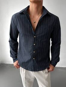 Men's Casual Commuter Striped Print Patchwork Pocket Long Sleeve Shirt, Spring/Autumn - Multicolor - View 5