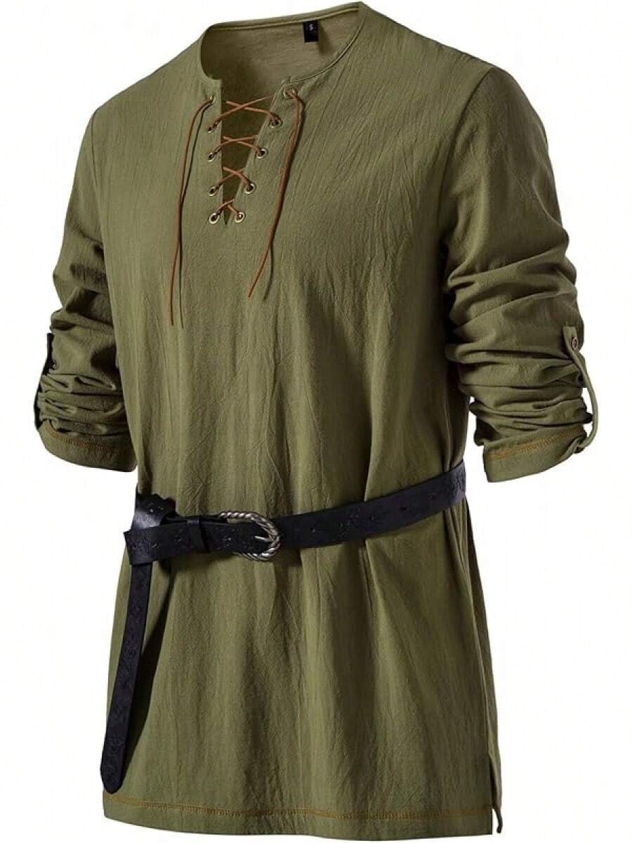 Men's Pure Cotton Vintage Lace Up Shirts For Pirate Renaissance Viking Medieval Costume Without Belt - 軍綠色 - 查看 1