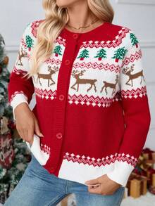 Christmas Themed Knit Cardigan, Autumn/Winter Holiday Season - Red - View 4